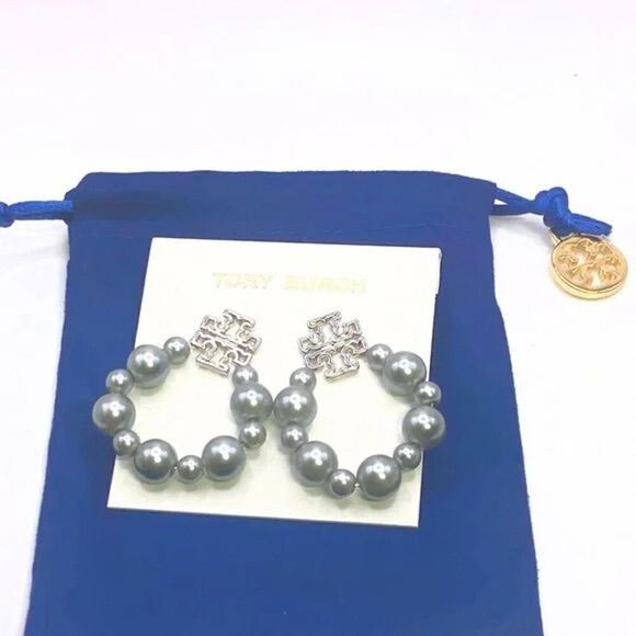 NWOT Tory Burch Silver Britten Dangle Pearl Loop Earring’s - Picture 6 of 6